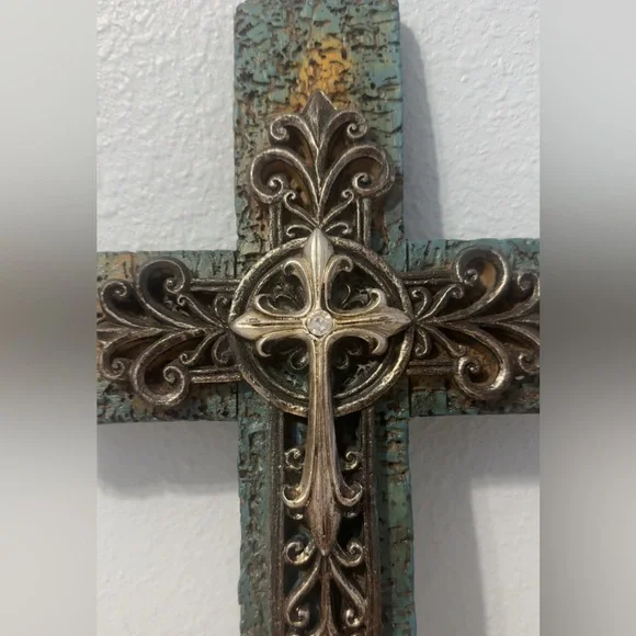 Cross Wall Decor Painted Teal w/ Silver Emblem and Brushed Gold - Picture 2 of 6